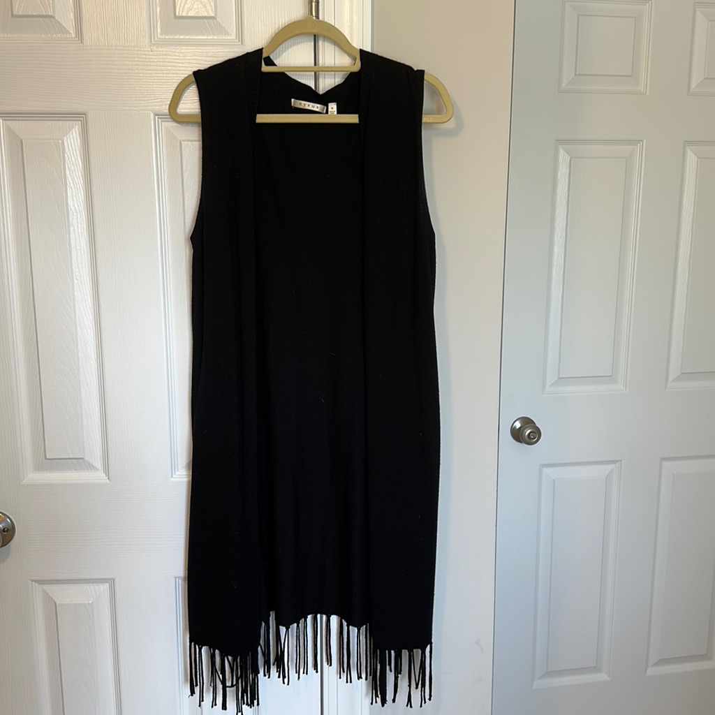 Black Fringe Sleeveless Duster Vest Boho Festival Layering Piece